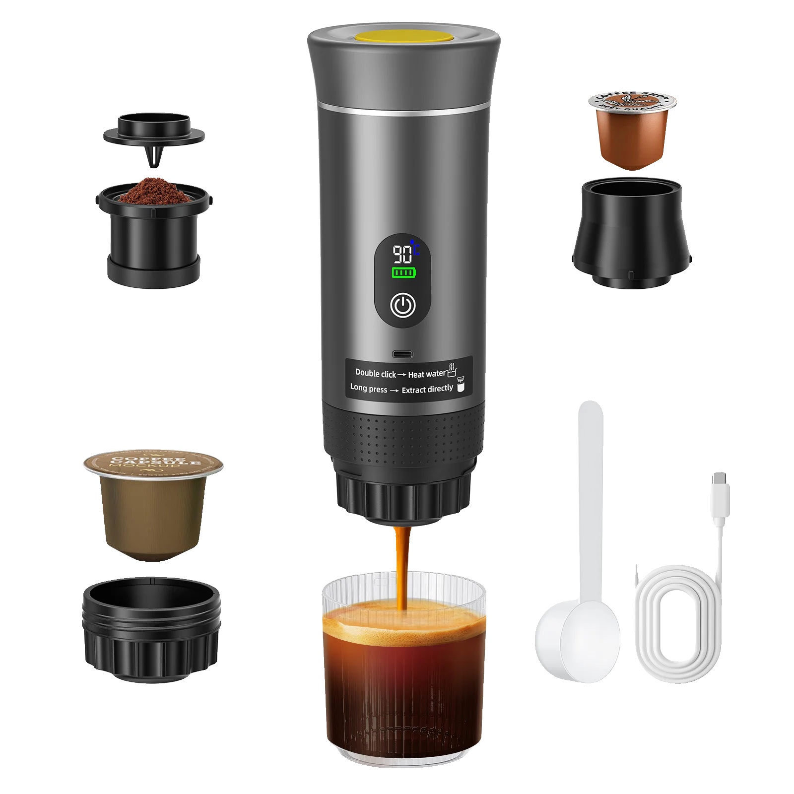 Tragbare Kaffeemaschine, 3-in-1, Heiß- Und Kaltbrühfunktion, Grau