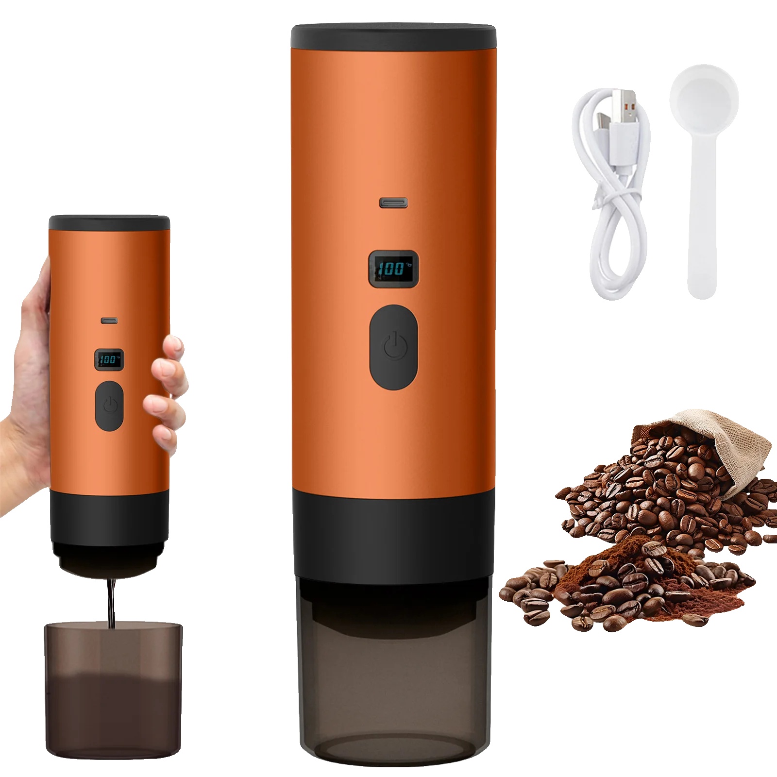 Elektrische Kaffeemaschine, Tragbares Design, Usb-ladefunktion, Orange