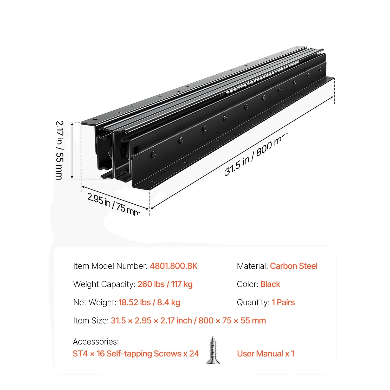 Schubladenschienen, Vollauszug, Tragkraft 118 Kg, 81 Cm