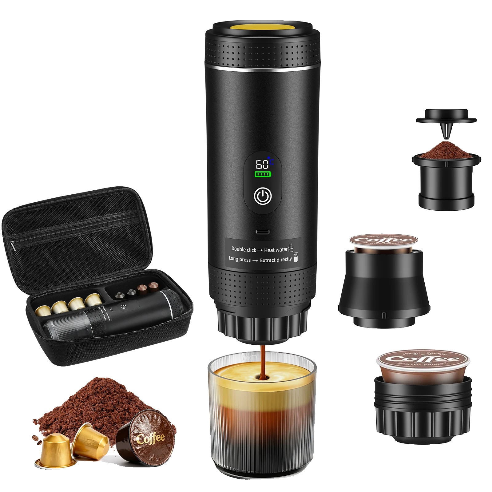 Mini-kaffeemaschine, Tragbares Design, Usb-c-anschluss, Schwarz