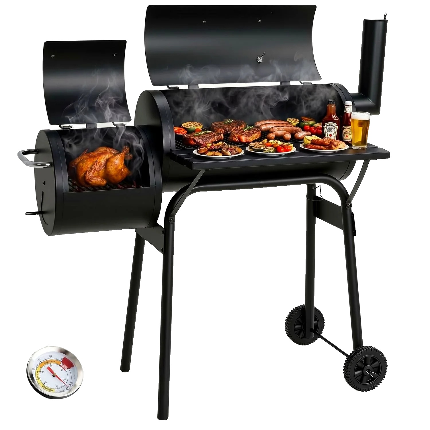 Holzkohlegrill, Smoker, Verstellbare Lüftungsschlitze, Schwarz