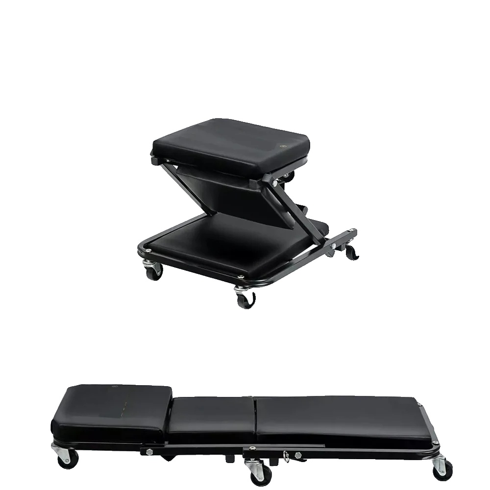 Werkstattliege, 2-in-1-design, Gepolsterter Sitz, Schwarz