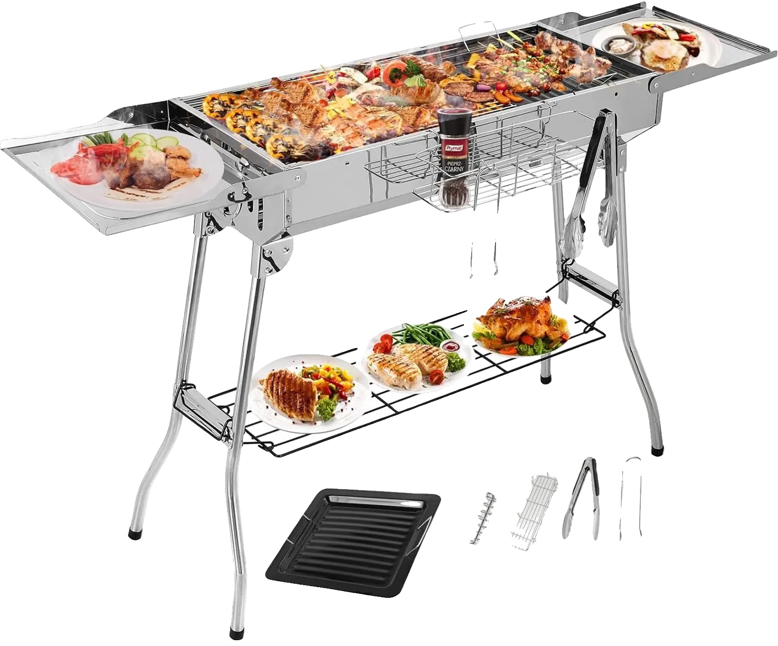 Holzkohlegrill, Tragbares Design, Komplettes Zubehörset, Silber