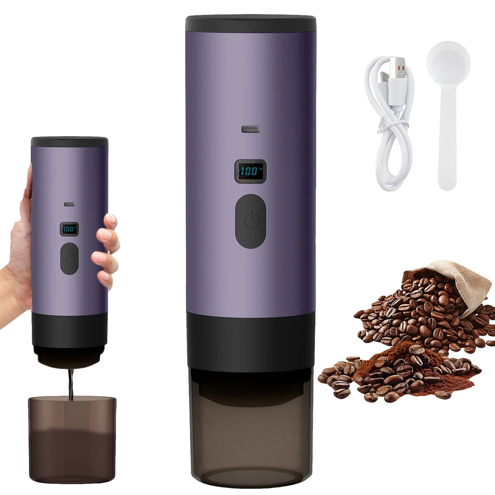 Elektrische Kaffeemaschine, Tragbares Design, Usb-ladefunktion, Lila