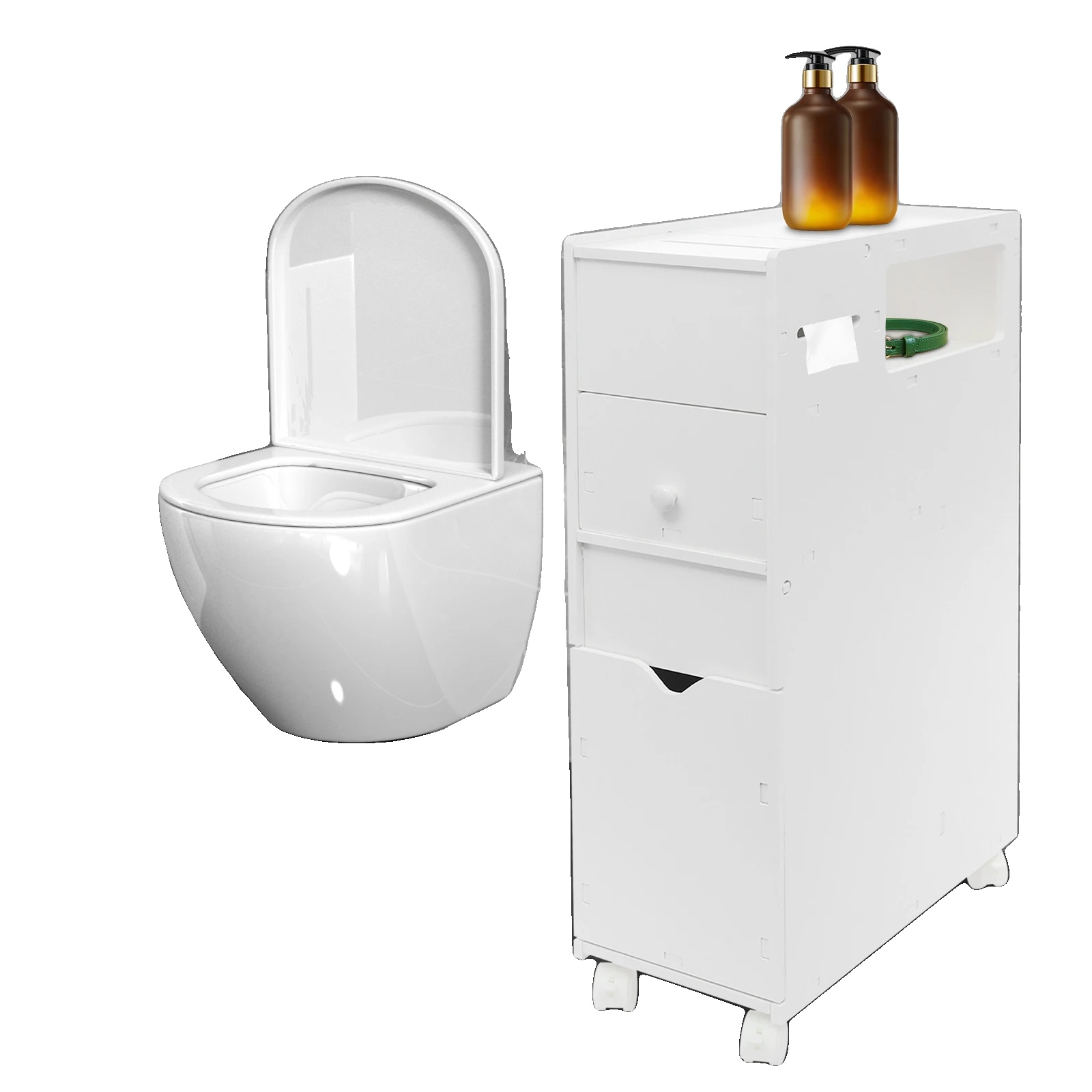 Schmaler Badezimmerschrank, Schlanker Aufbewahrungsorganizer, Integrierte Kosmetiktuchbox Und Abfalleimer, Weiß
