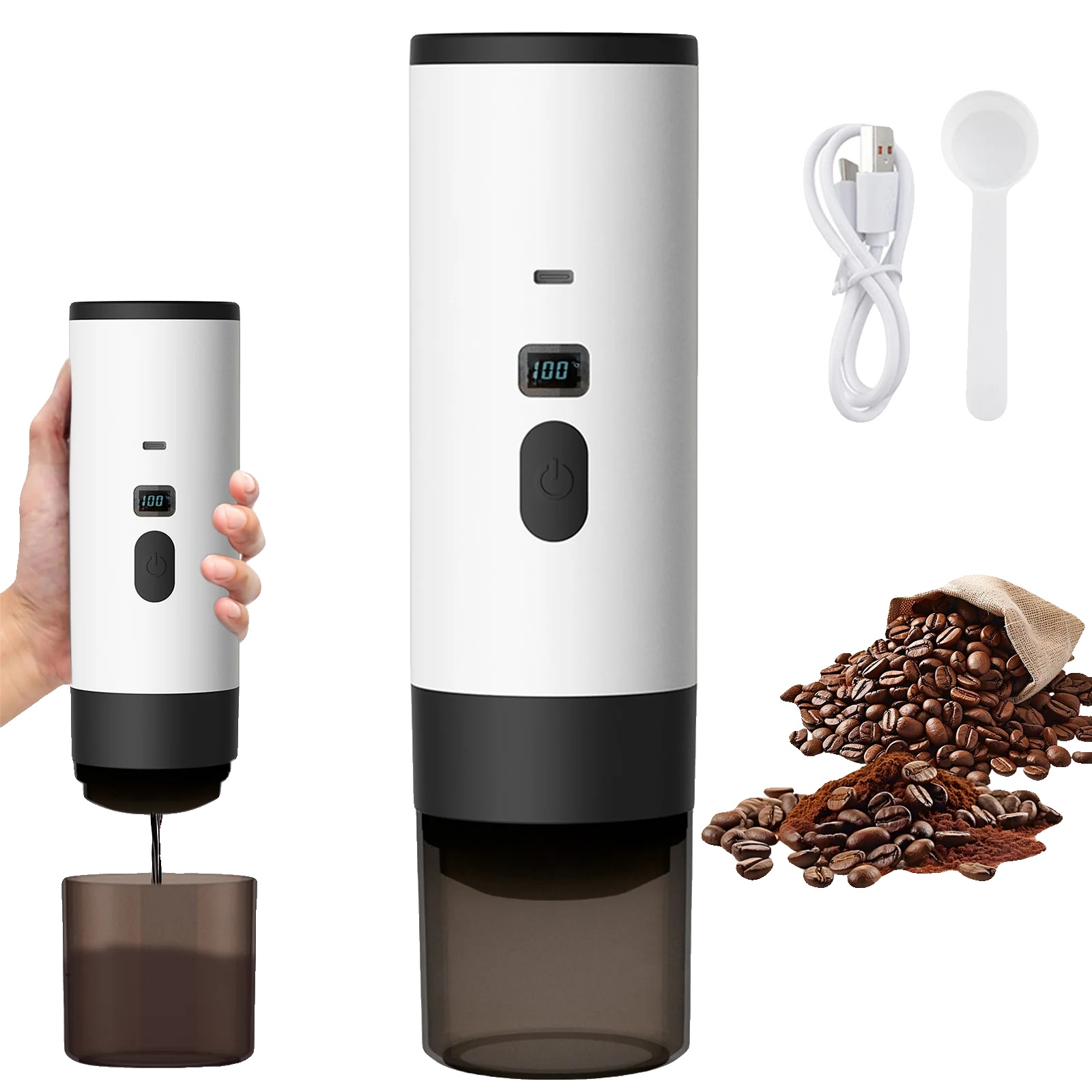 Elektrische Kaffeemaschine, Tragbares Design, Usb-ladefunktion, Weiß