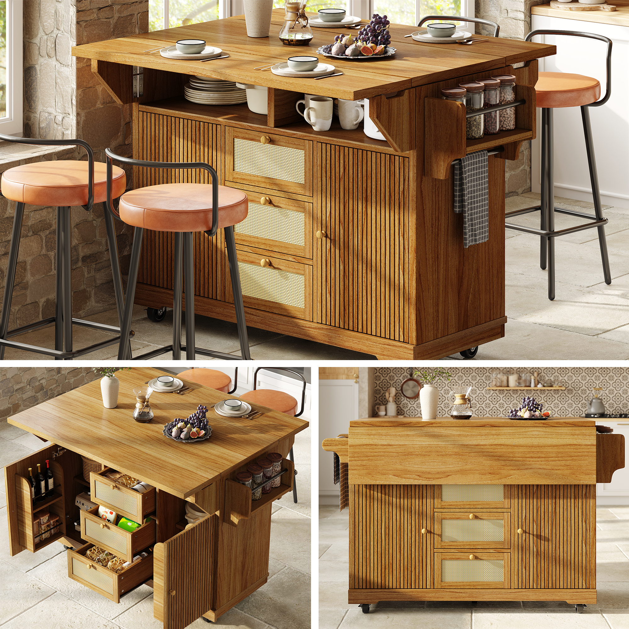 Servierwagen Ausklappbar – 142,5x80x95 Cm – 50 Kg – Aus Mdf – Ergonomische Höhe – Viel Stauraum – Beidseitig Klappbare Tischplattenverlängerung