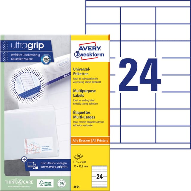 Avery - Universaletikett ultragrip 70 x 33,8 mm (b x h) nicht wieder ablösbar Papier weiß 2.400 Etik./Pack.