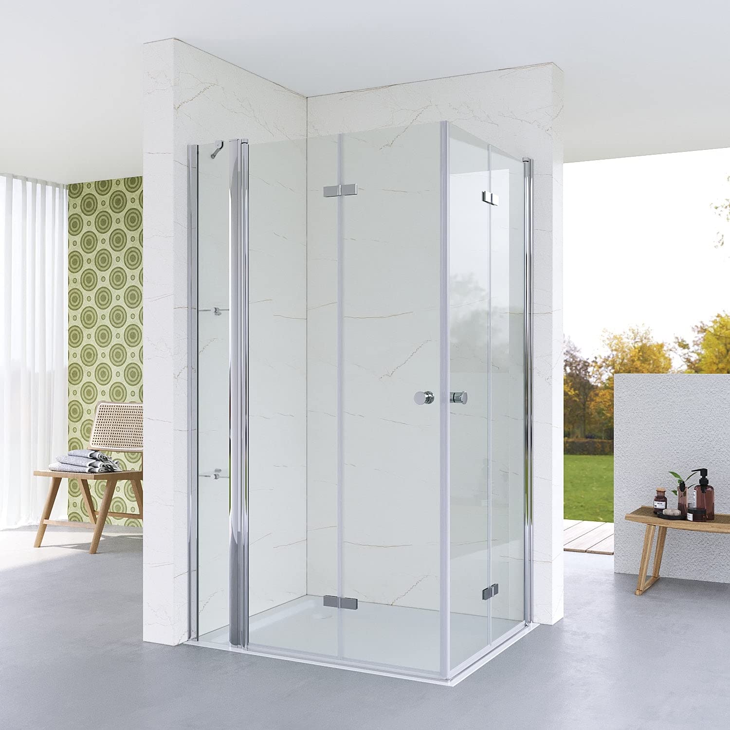 Duschkabine 95x95x187 Cm Duschabtrennung Mit Festteil 5 Mm Echtglas Rahmenlos Klappbar Duschtür Mit Ablageboden
