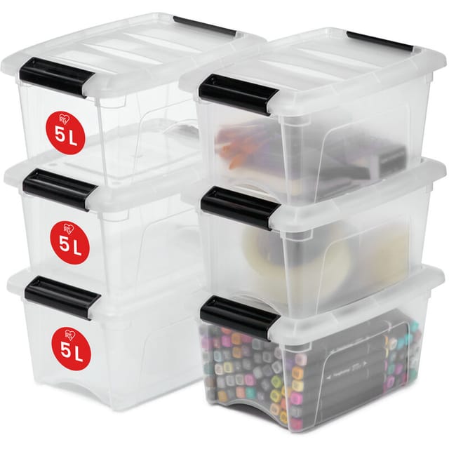 Aufbewahrungsboxen mit Deckel, 5L, 6er-Set, Transparent, Sicherer Verschluss, Stapelbar, Griffe, Schlafzimmer, Schrank, Büro, Organisation,