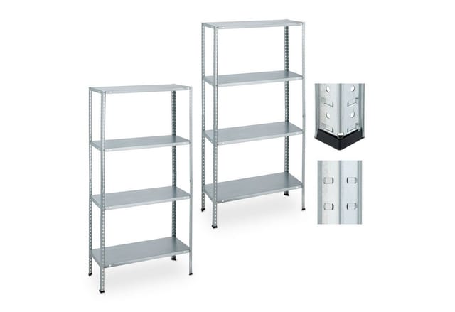 Relaxdays Schwerlastregal 2er Set, HBT: 147,5 x 75,5 x 30,5 cm, 160 kg, verzinkter Stahl, Lagerregal für Keller, silber