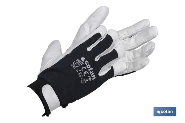 Blister mit Rindslederhandschuh, Stoffrücken und Klettverschluss, Größe 10