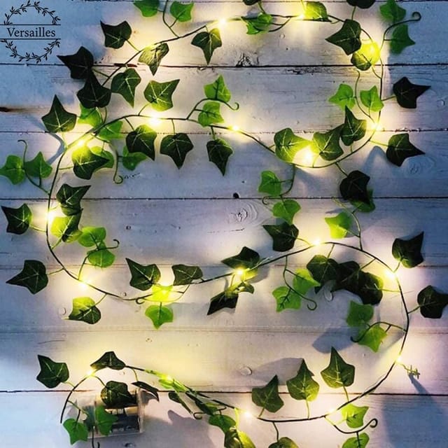 Girlande, [1 Stück] 5 m lange Blätter-Lichterkette, künstliche Pflanzen mit 50 LEDs und grünem Blatt, LED-Lichterkette für Garten, Hof, Haus,