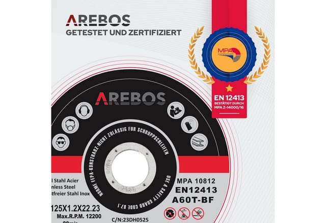 AREBOS Trennscheiben Ø 125 mm, 50 Stück geeignet für Stahl, Edelstahl, Inox, Eisen, Blech, Metall Vor- und Rücklauf EN 12413 vom Materialprüfungsamt
