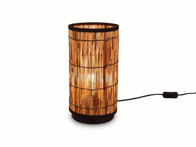 Meinewunschleuchte - Tischleuchte sara mit Lampenschirm aus Rattan in Bambusoptik, Höhe 34,5cm