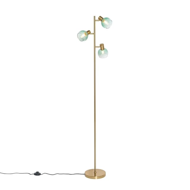 Art Deco Stehlampe Gold mit grünem Glas 3 Lichter - Vidro