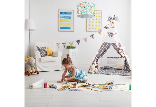 Relaxdays - Hängelampe Kinderzimmer, Lampenschirm mit Dschungel-Motiv, HxD: 140x35 cm, E27, Pendelleuchte für Kinder, bunt