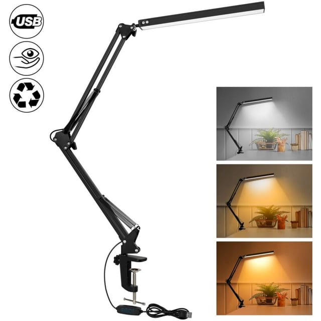 Leistungsstarke LED-Schreibtischlampe mit Clip – Augenschutz-LED-Licht – 3 Beleuchtungsmodi x 10 Helligkeitsstufen – Schwarz