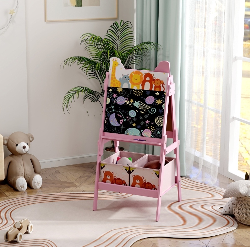 2-in-1 Kinder-malstaffelei Mit Tafel Schwarz/weiß Und Ablagen, Rosa Havrya