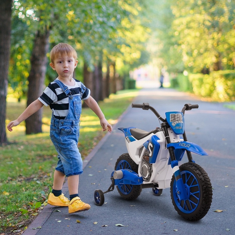 Elektrisches Kindermotorrad 12v, 2 Geschwindigkeiten, Stützräder, Blau/weiß Havrya
