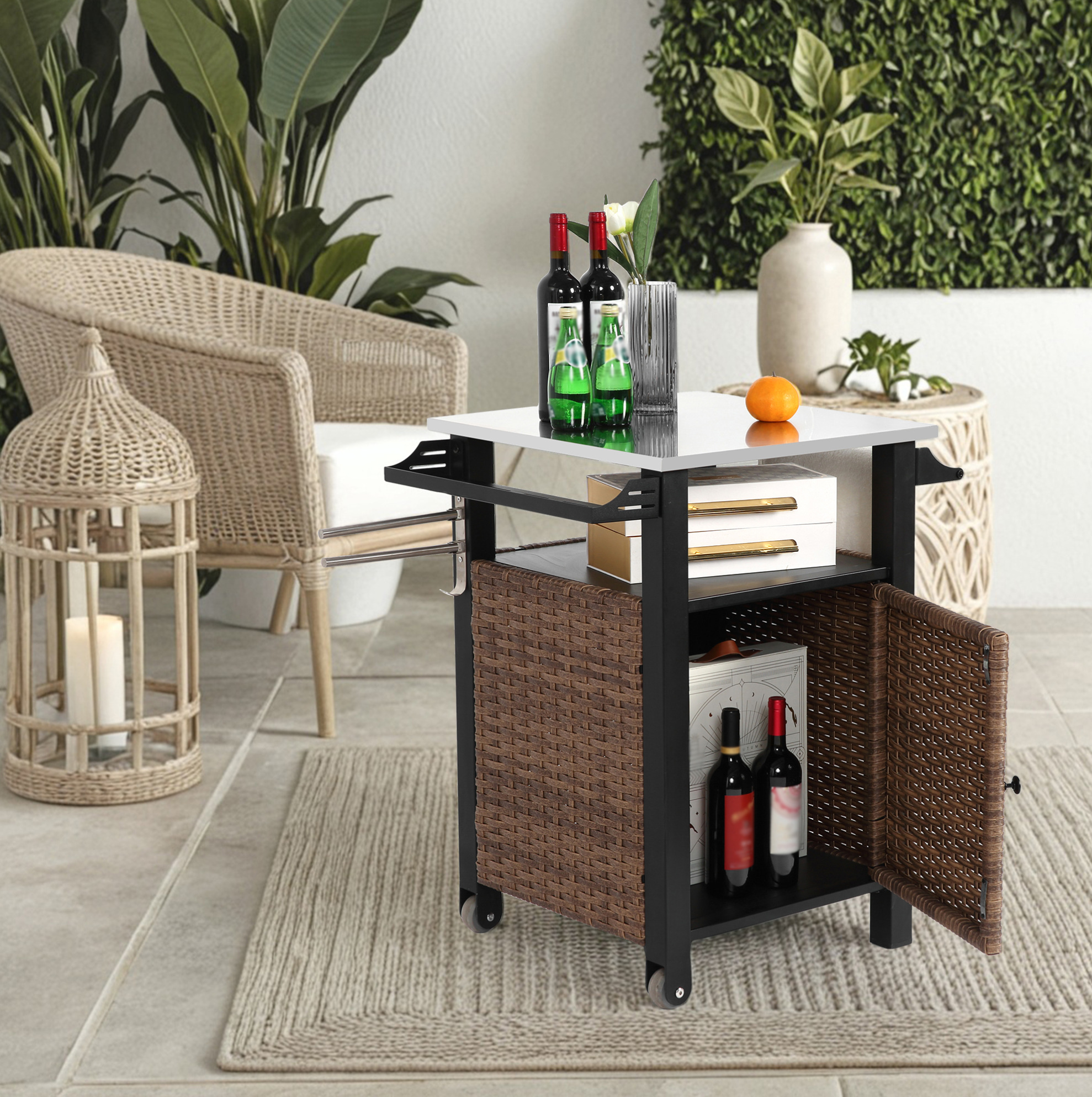 Rollbare Gartenbar Mit Stauraum, 76 X 57 X 85 Cm, Edelstahlplatte, Braun Havrya