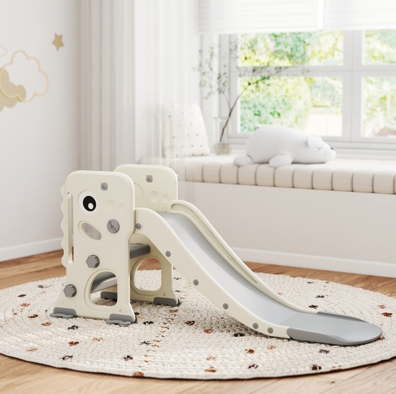 3-in-1 Kinder-rutsche Mit Klettergerüst Und Basketballkorb, Klappbar, Elfenbein Havrya