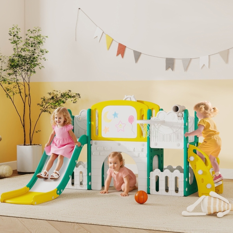 7-in-1 Kinderrutsche Für Kleinkinder Mit Basketballkorb, Froschdesign, Hdpe, Gelb/grün Havrya