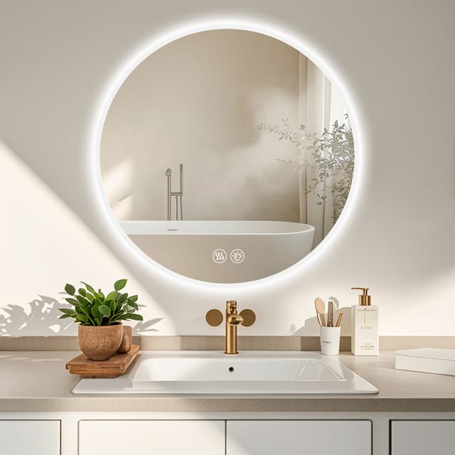 Badspiegel Mit Beleuchtung Rund 70 Cm, Dimmbar, 3 Lichtfarben, Anti-beschlag, Silber Havrya
