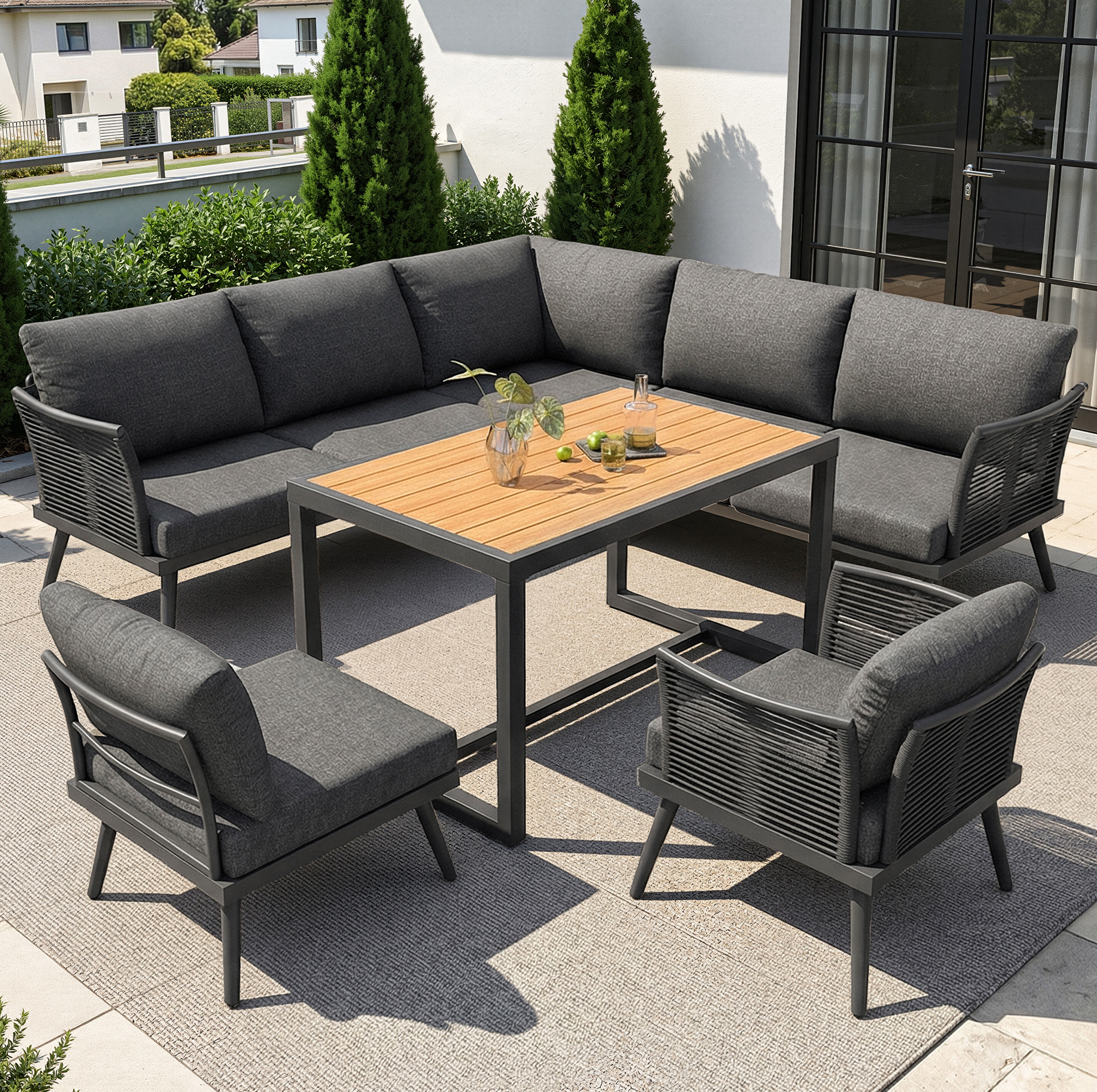 7-sitzer Eck-gartenlounge, Wpc-couchtisch, Abnehmbare Kissen Grau/beige Havrya