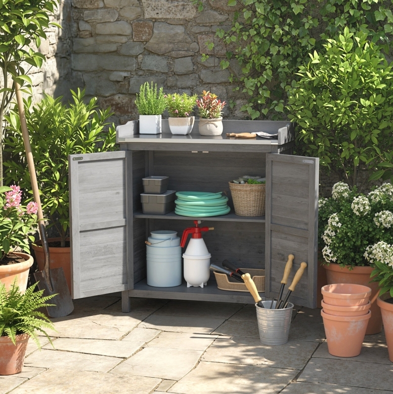 Gartenschrank Mit Umtopftisch, 2 Regalen, Verzinkter Grauer Platte Havrya
