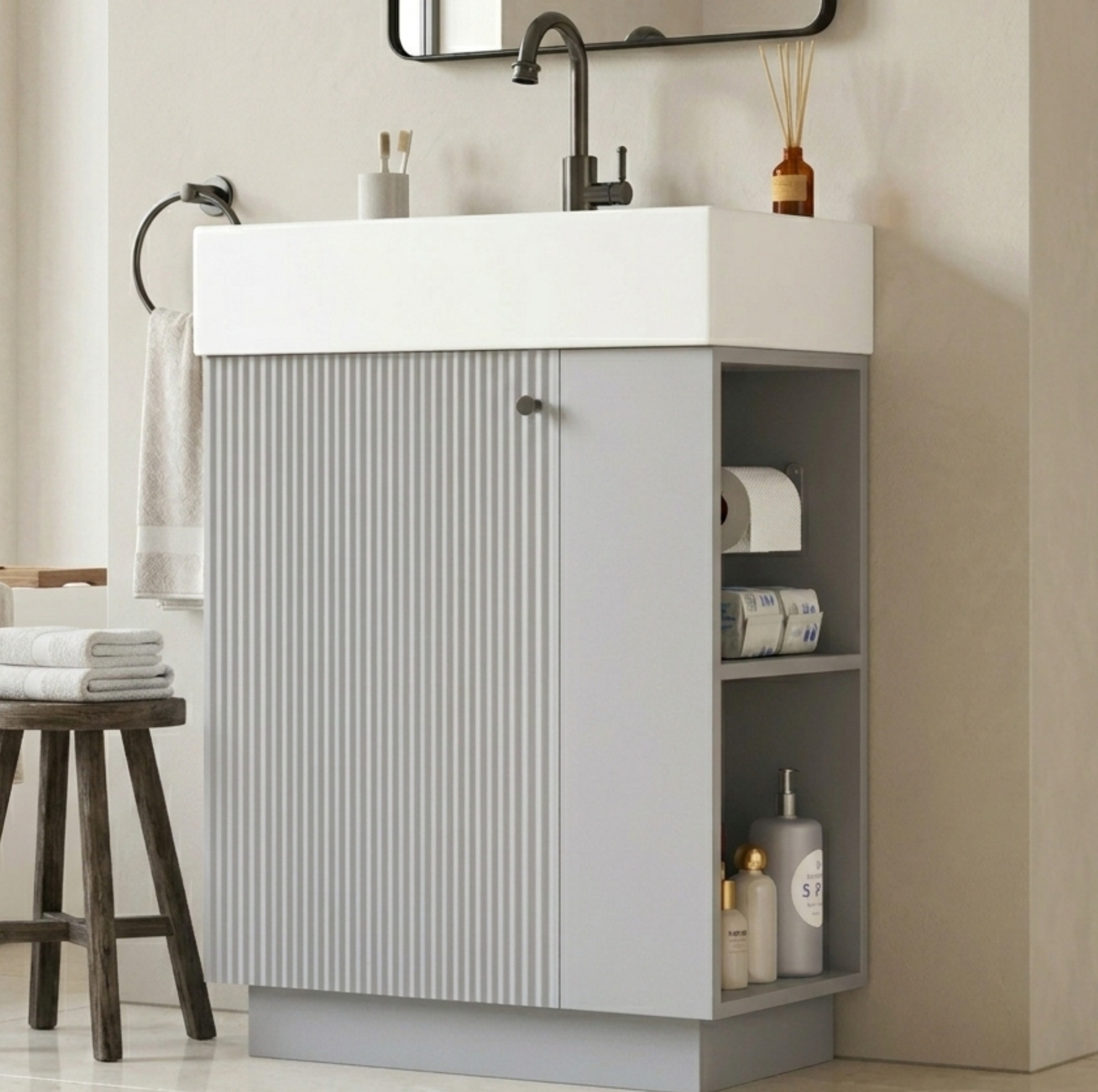 Badmöbel Mit Waschbecken 55 Cm, Grau, Mdf, Mit Stauraum Und Soft-close-tür Havrya