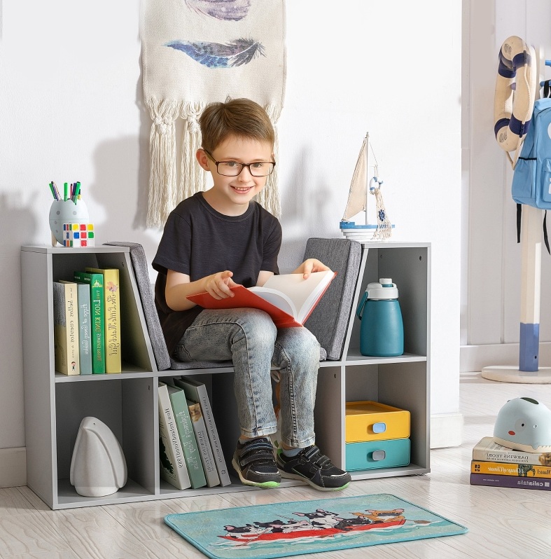Kinderregal Mit Bank, 6 Fächern Und 3 Kissen, Grau, 103 X 30 X 62 Cm Havrya