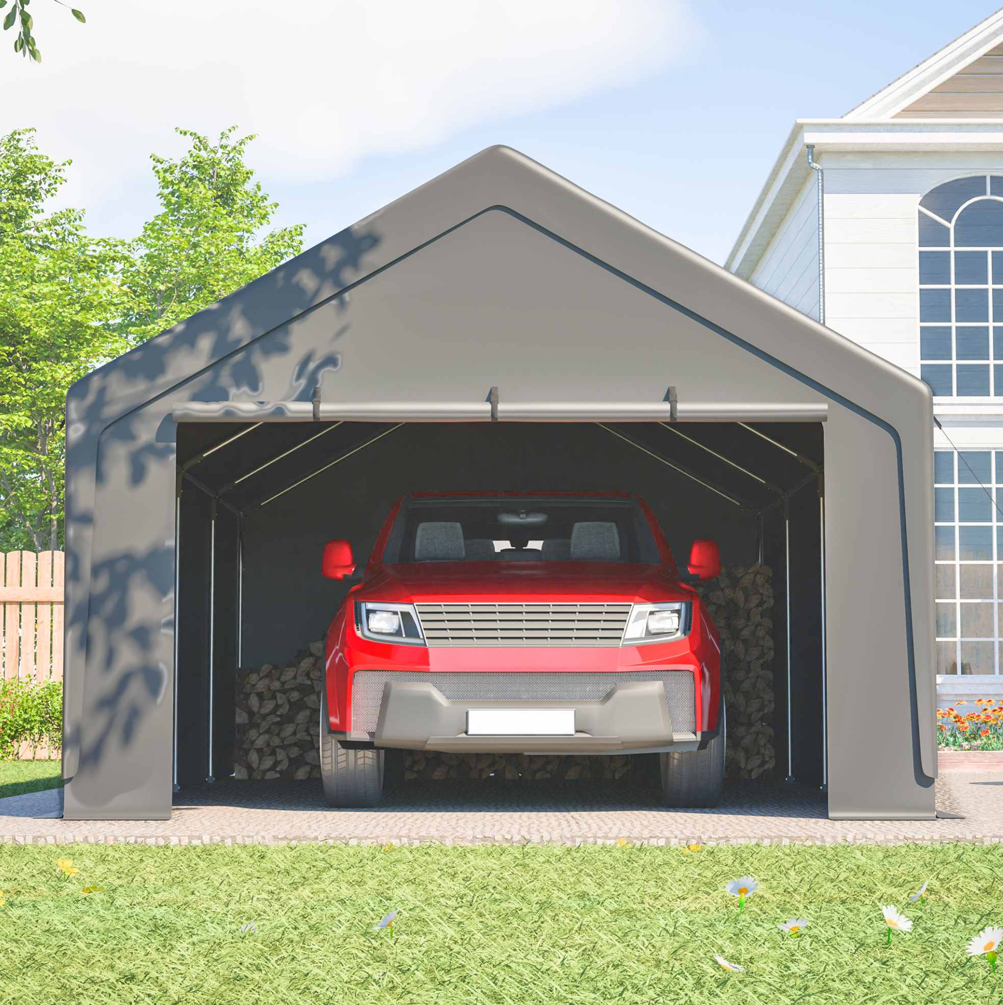 Carport 13 X 25 Fuß Mit Abnehmbaren Seitenwänden, Verzinkter Stahlrahmen, Grau Havrya