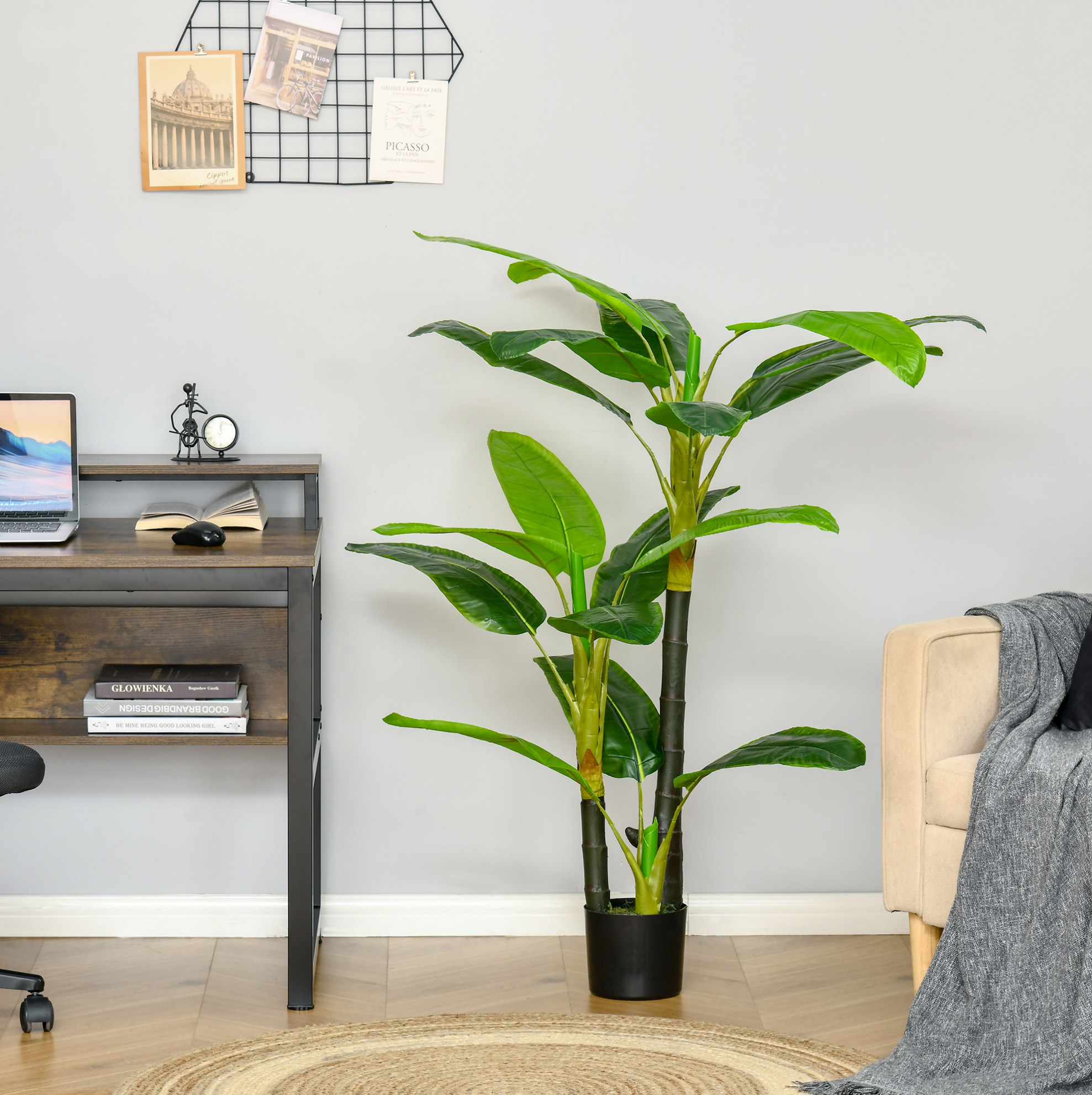 Künstlicher Bananenbaum 150 Cm, 18 Blätter, Schwarzer Topf, Innen/außen Havrya