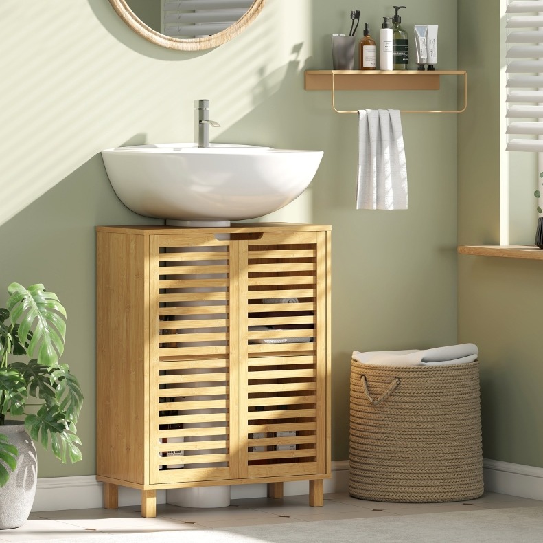 Waschbeckenunterschrank Aus Bambus, 60 X 30 X 80 Cm, Verstellbares Regal, Natur Havrya