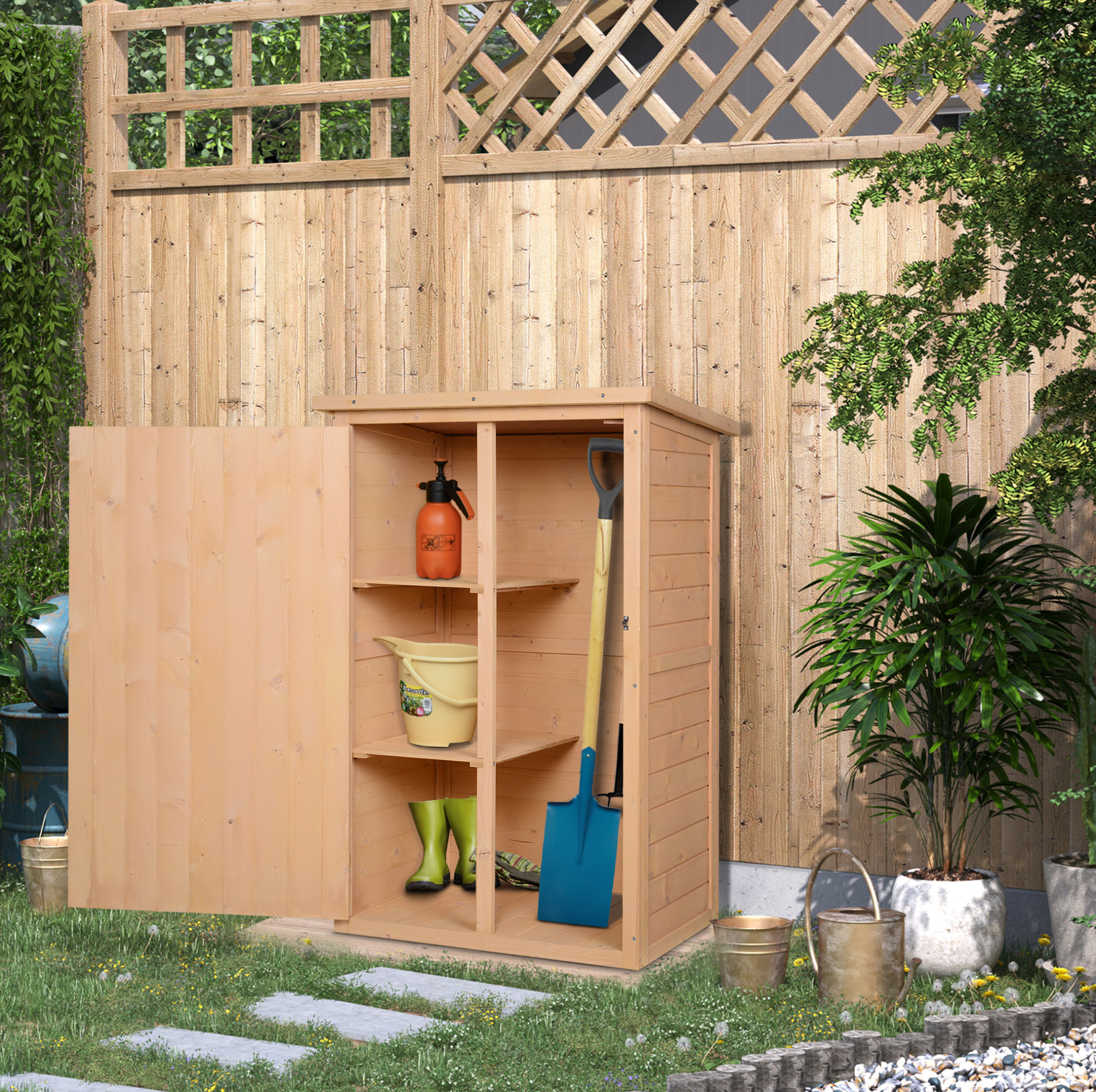 Gartenhaus Aus Naturholz 75 X 56 X 115 Cm Mit 2 Regalen Und Schloss Havrya