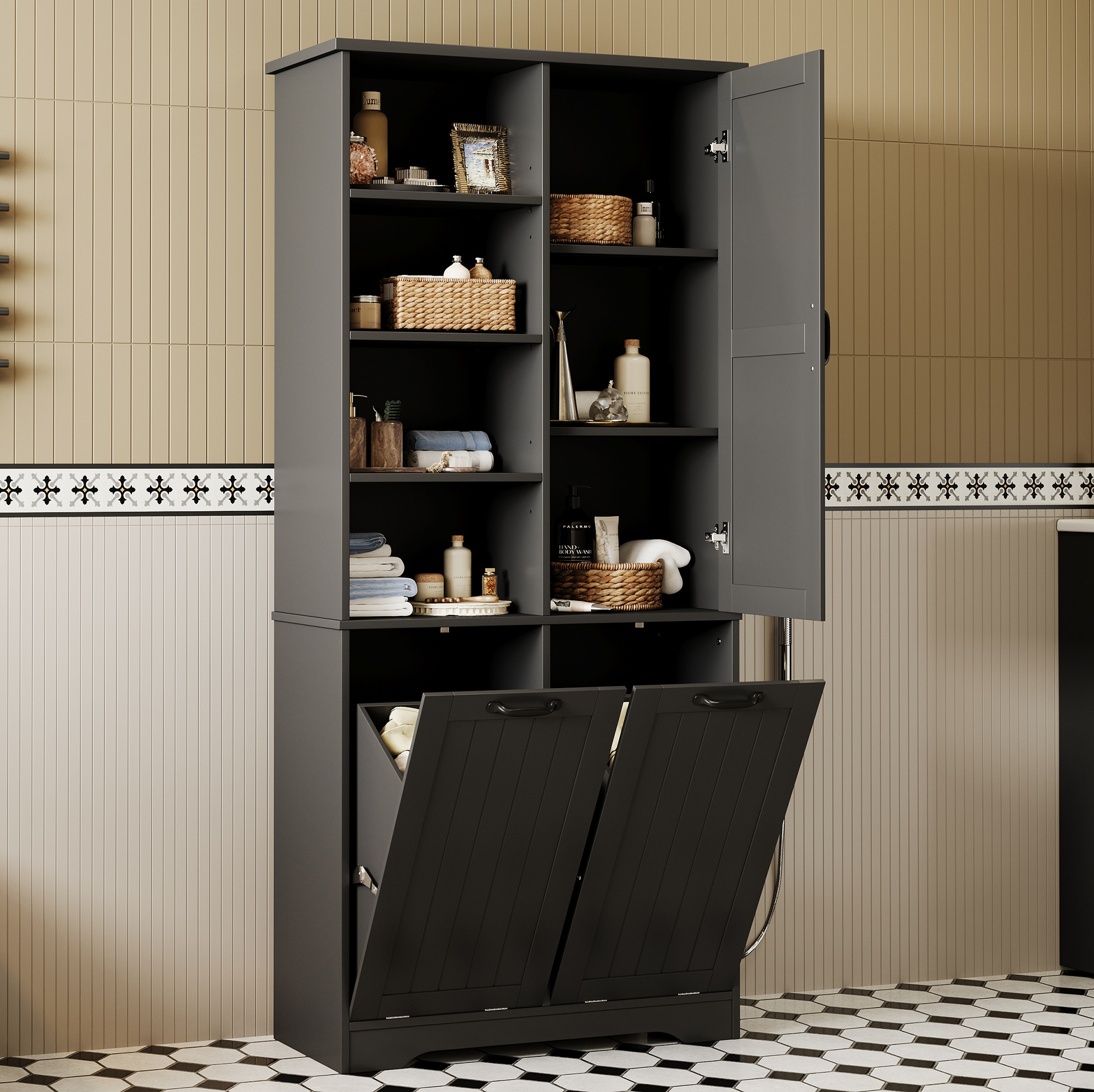 Badezimmerschrank 78 X 35 X 172,7 Cm Mit 2 Wäschekörben, Schwarz Havrya
