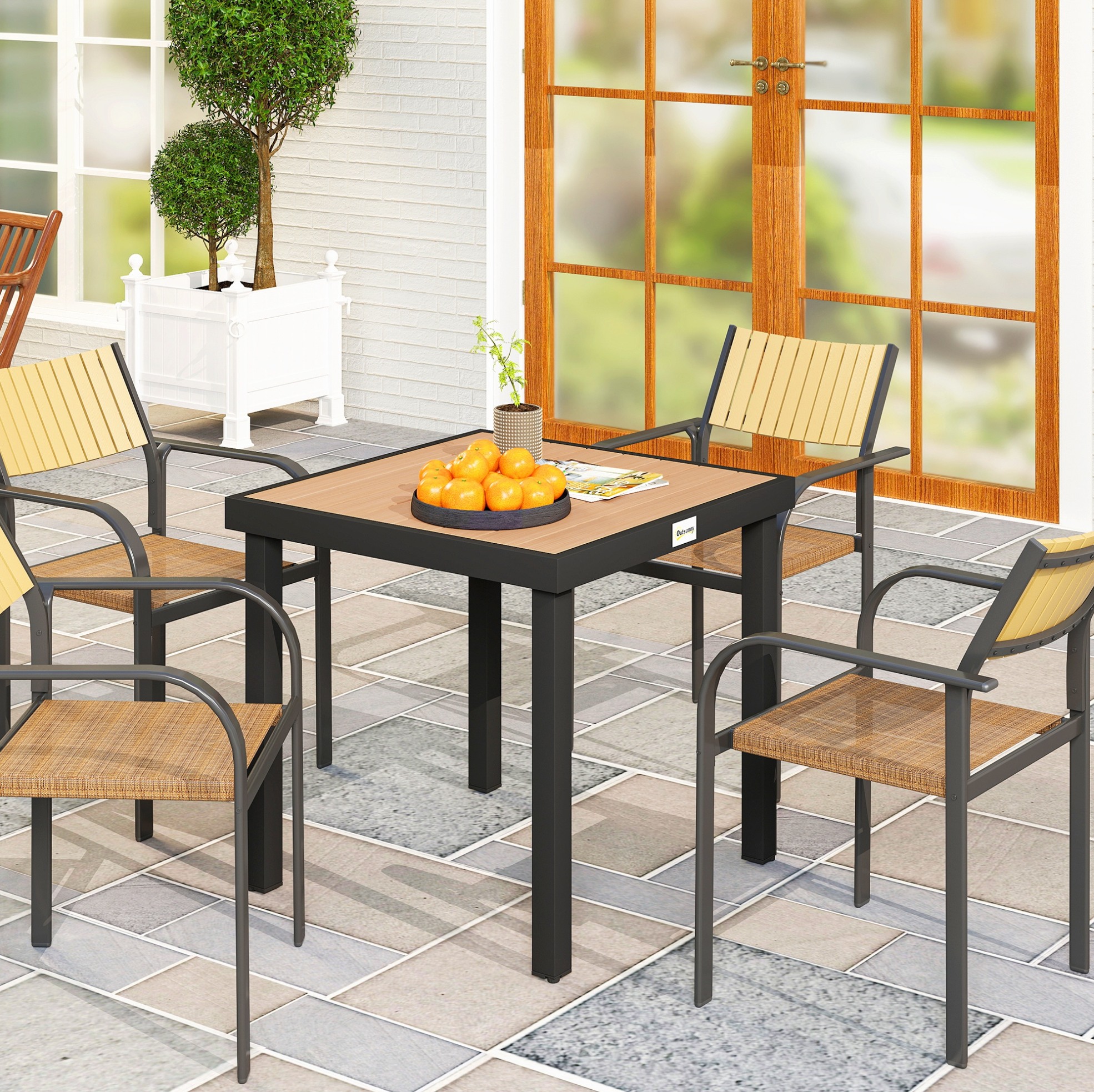 Gartentisch 78 X 78 X 74 Cm Mit Holzoptik-tischplatte, Schwarzem Aluminiumrahmen Havrya