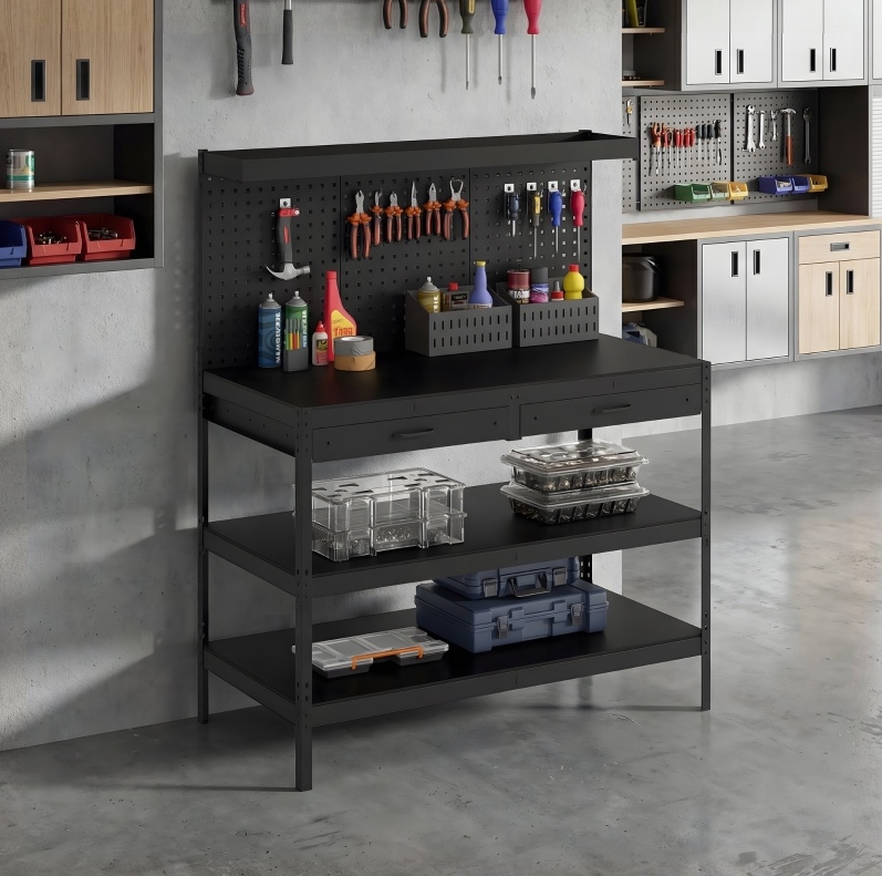 Werkbank Mit Lochwand, 2 Schubladen Und Verstellbaren Ablagen, 122 X 61 X 156 Cm, Schwarz Havrya
