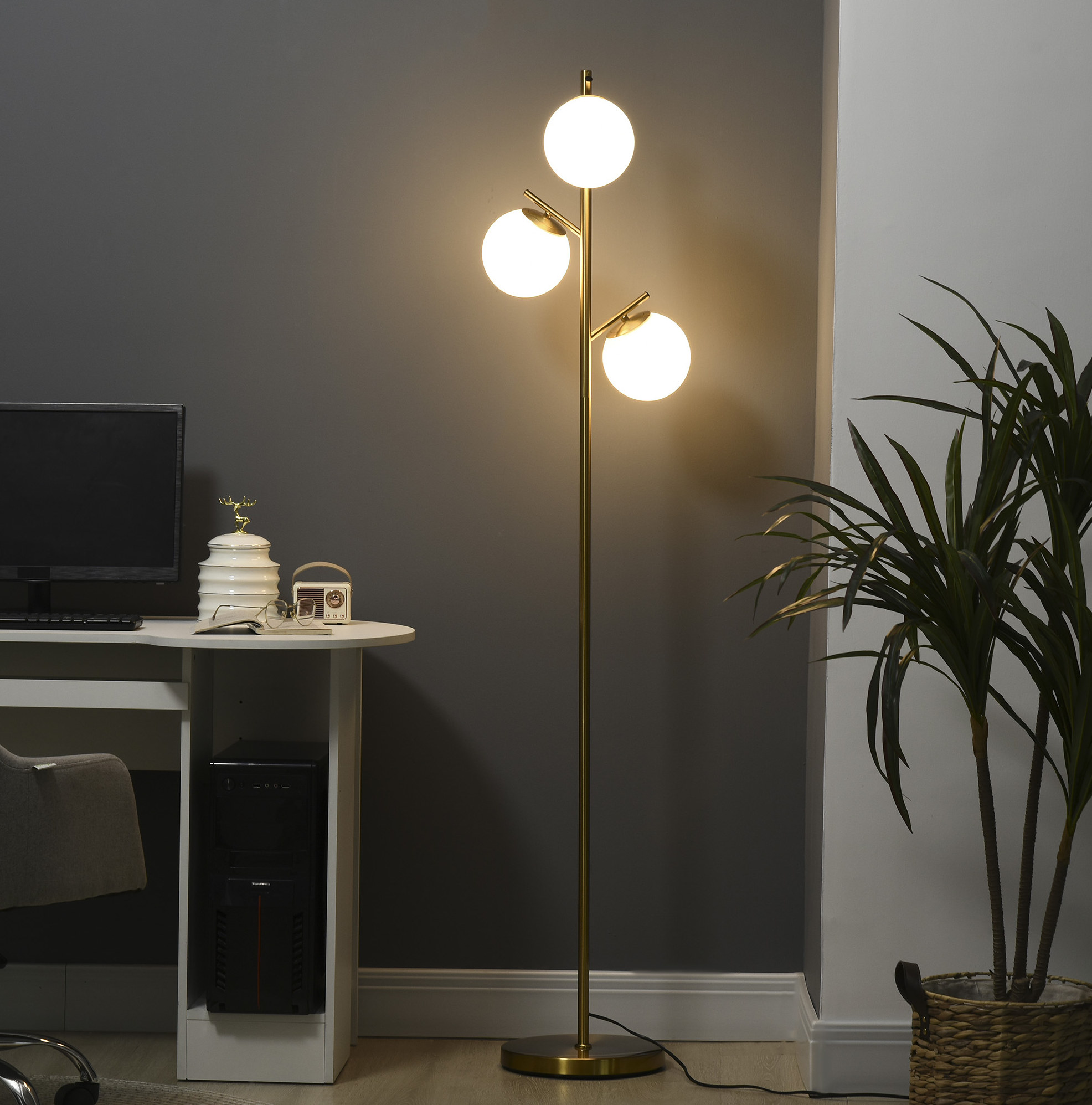 Stehlampe 40 W Mit 3 Glasschirmen, E27-fassung, 169 Cm Hoch, Goldfarben Havrya