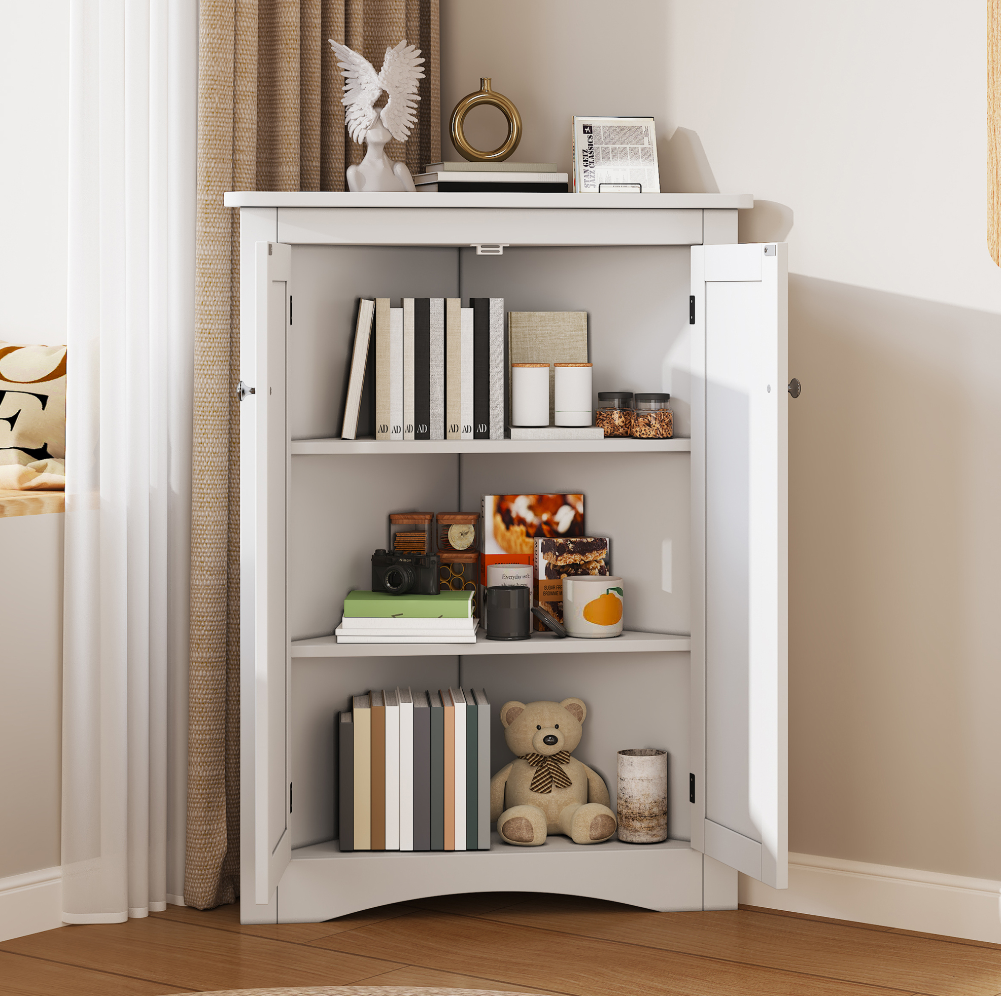 Eck-badezimmerschrank Mit 2 Türen, 61,5 X 34,5 X 80 Cm, 3 Ebenen, Mdf, Weiß Lackiert Havrya