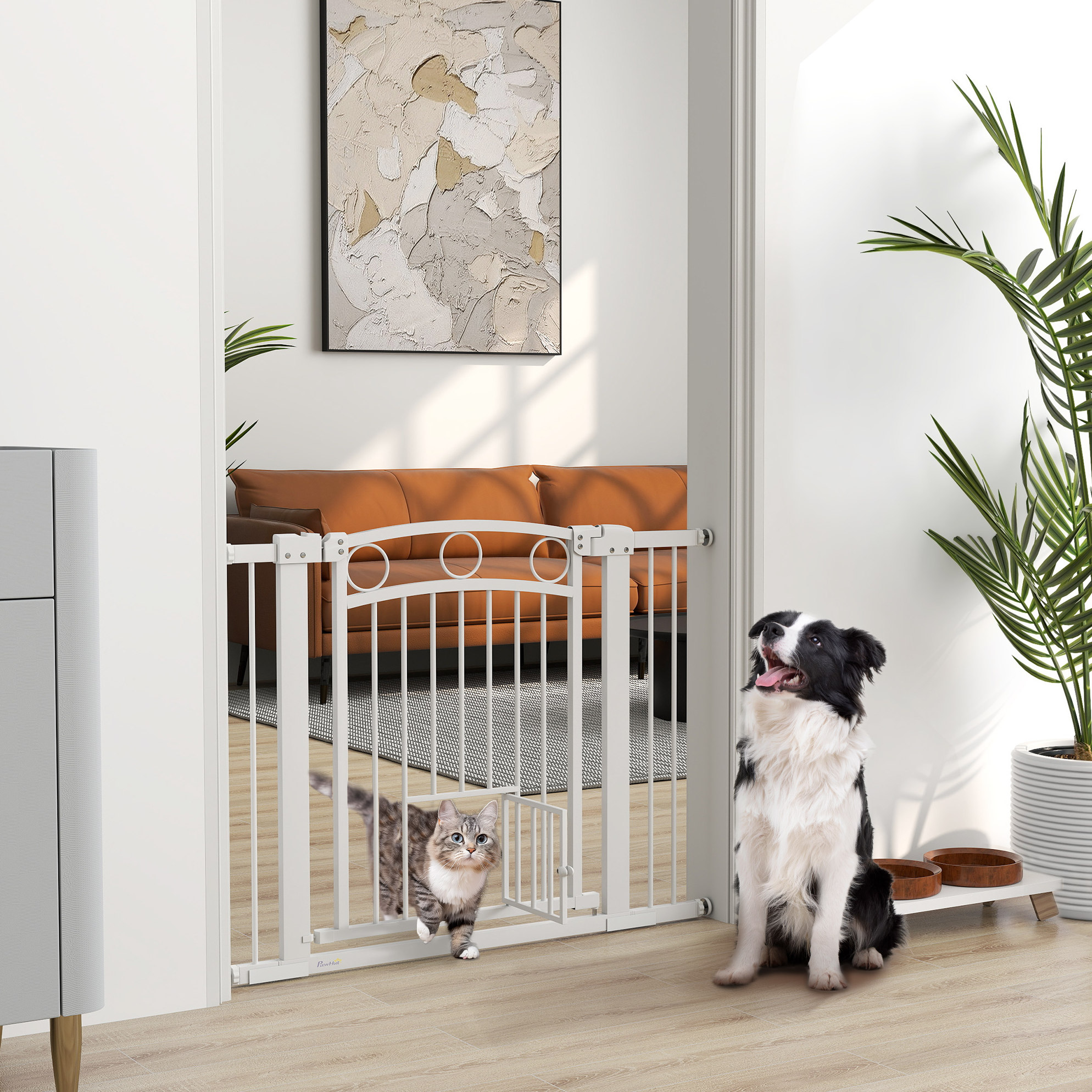 Sicherheitstür Für Tiere 77 Cm, Verstellbar 76–104 Cm, Mit Katzentür, Weiß Havrya