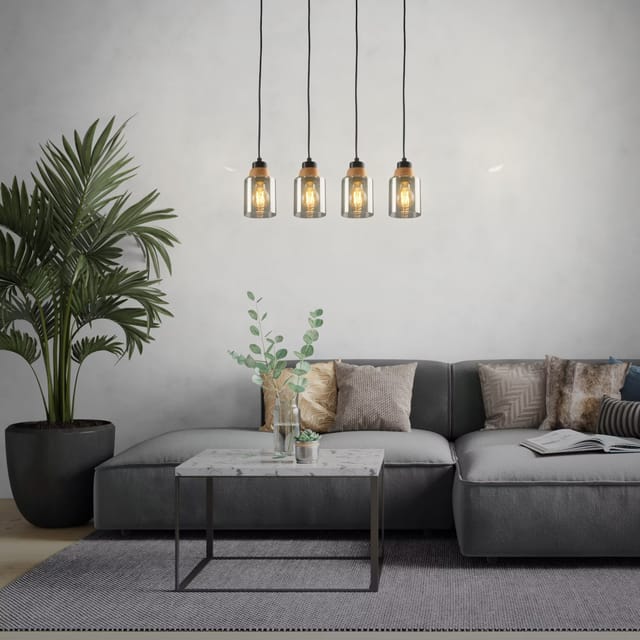 Pendant light, with wood, smoked glass, 4xE27/max.