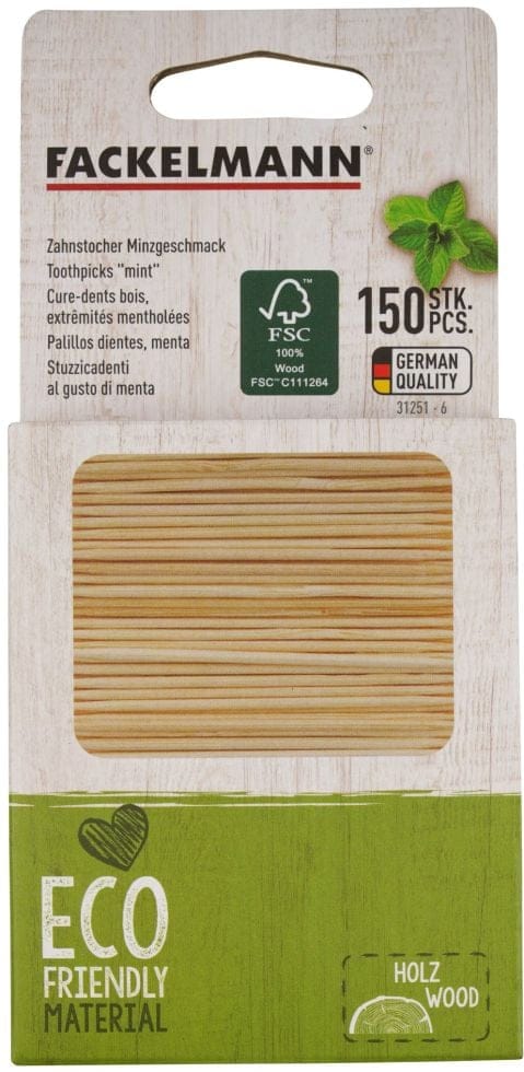 Fackelmann Zahnstocher Minze 150 Stück, 65 mm Zahnhölzer Holzspieß