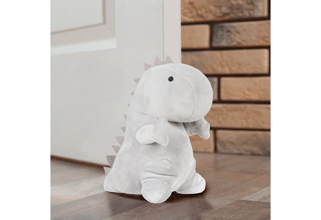 Relaxdays Türstopper Dino, Stoff mit Sandfüllung, Türpuffer für Boden, Deko Türsack Kinder, HxBxT: 23 x 14 x 21 cm, grau