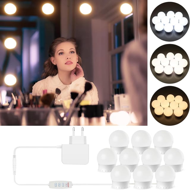 Spiegelleuchte, 10 Hollywood-glühbirnen, Dimmbares Led-licht-set, Badezimmer-kosmetikspiegellampe, 3 Farben, 10 Helligkeitsstufen, Mit Adapter (spiegel Nicht Im Lieferumfang Enthalten) –