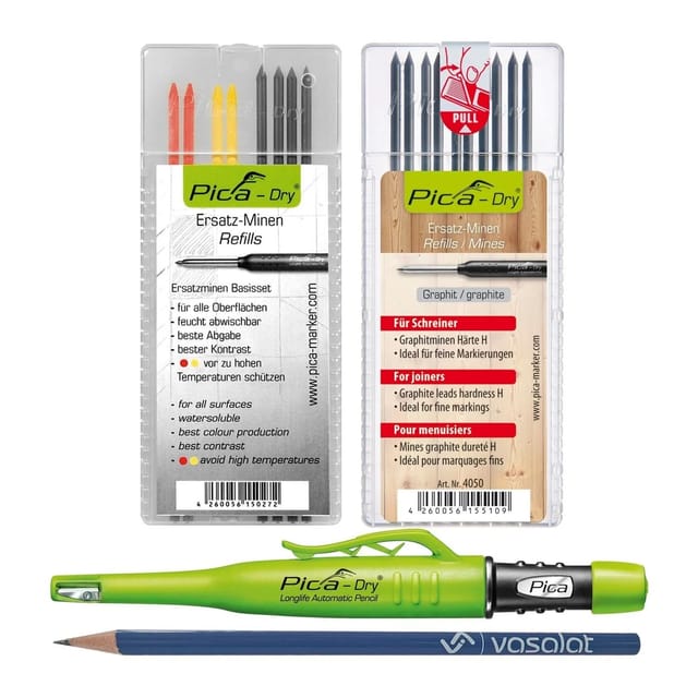 Pica Marker Set - Pica Dry Tieflochmarker mit 10 Ersatzminen Härte h für Tischler und 8 Ersatzminen graphit 2B/rot/gelb