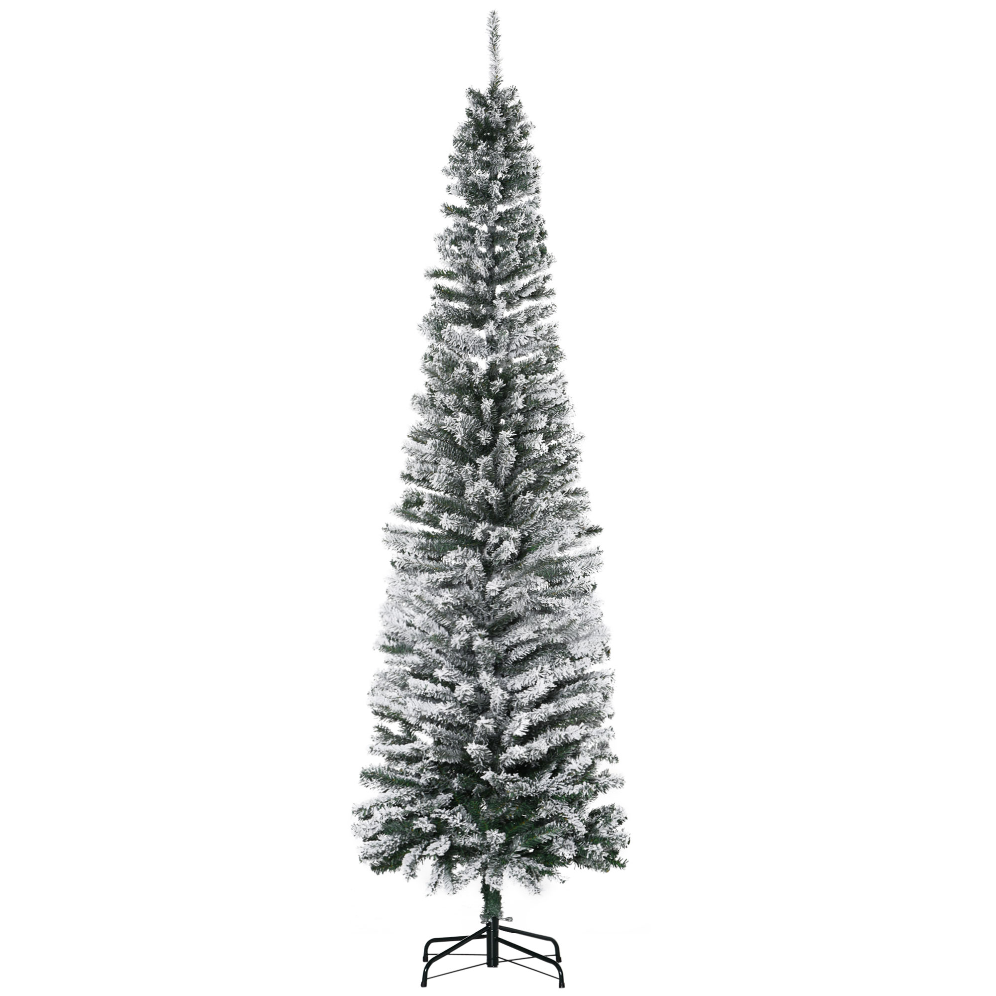Schmaler Weihnachtsbaum 225 Cm, Schneemuster, 738 Zweige, Metallständer, Grün Und Weiß, Ideal Fürs Wohnzimmer.