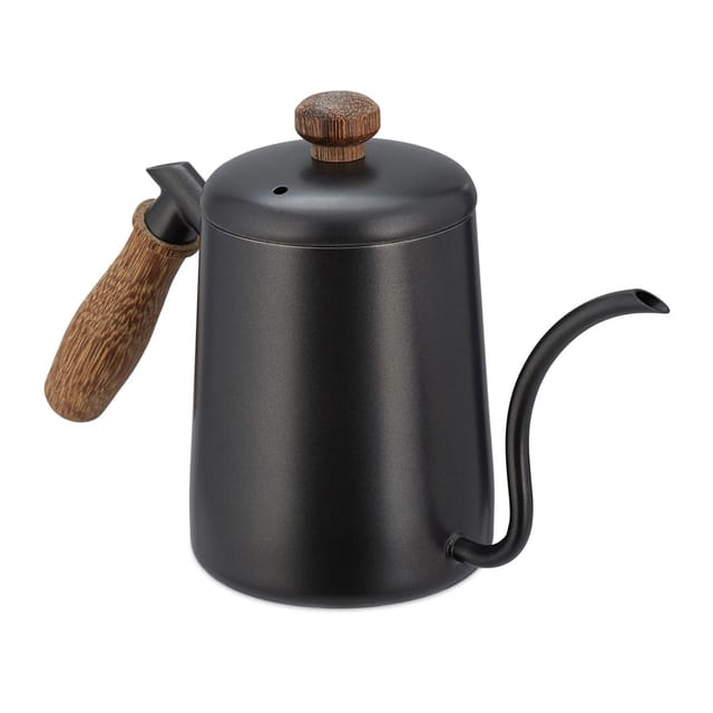 Relaxdays - Teekanne, Edelstahl, Eichenholz-Griff, Messskala, Volumen 550 ml, Kanne mit Deckel, Teekrug, anthrazit/braun
