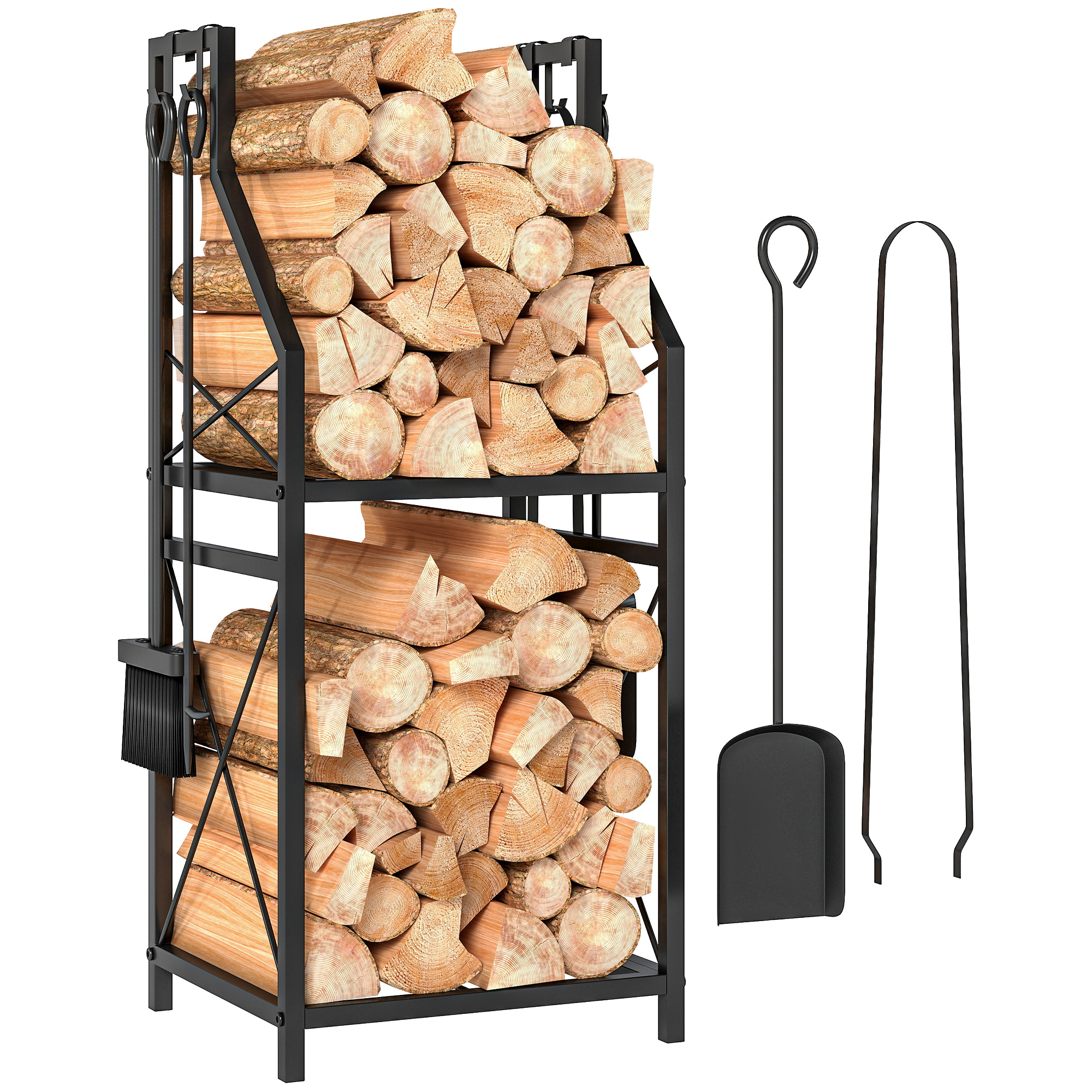 Metall-holzregal, 2-stöckig, Mit 4 Werkzeughaken, 34 X 30 X 80 Cm, Schwarz